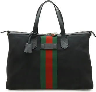Gucci Black Green Red Color Nylon Canvas Leather Shoulder Bag Tote Bag (Pre-Owned)