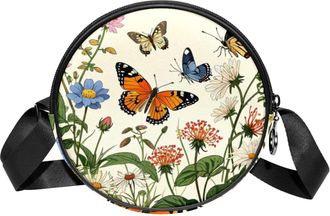 Generic Circle Crossbody Bag for Women, Flowers Butterflies Small Sling Bag Daypack with Zipper Adjustable Shoulder Straps Casual Ladies Girls Round Purse