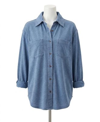 Z Supply Reese Jersey Denim Button Up Shirt In Santorini Indigo