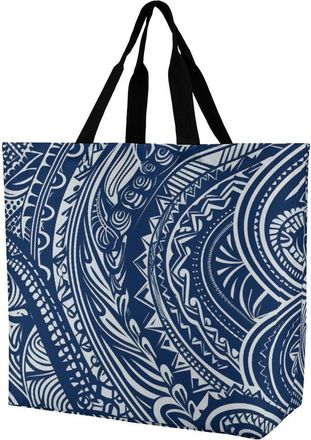 Generic Blue Polynesian Maori Tribal Pattern Shopper Bag Waterproof Shopping Bag Eco Friendly Shoulder Bags For Picnic Yoga Travel