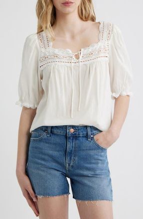 Reformation Wildflower Lace Trim Puff Sleeve Organic Cotton Blend Top in White at Nordstrom, Size 12