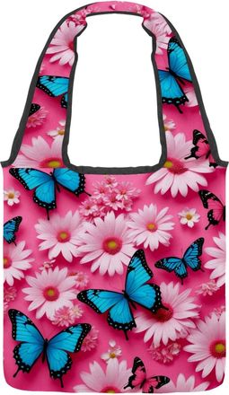 Generic Butterfly Daisies Reversible Canvas Shoulder Tote - Double-Sided Print, 12oz Cotton, 27cm Drop, Fold-Flat Bag for Travel, Shopping, Street Outings