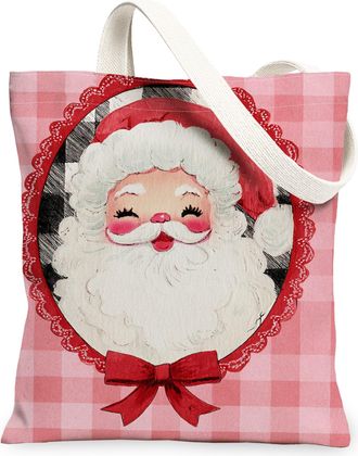 Generic Christmas Santa Canvas Tote Bags, Cute Vintage Holiday Design Reusable Grocery Bags, Lightweight Washable Shoulder Strap Ca, Peach, 13x15 Inch