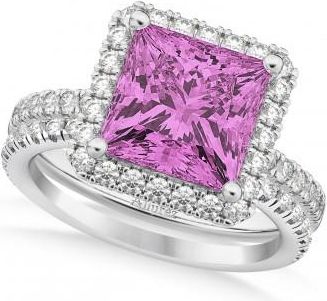Allurez Pink Sapphire & Diamonds Princess-Cut Halo Bridal Set 14K White Gold (3.74ct)