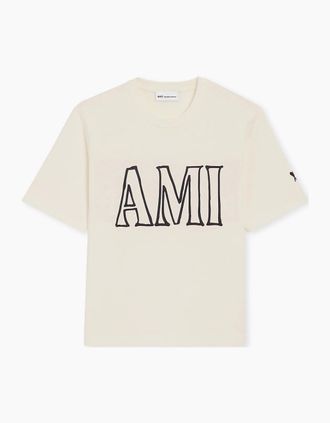 Ami Mens Mens AMI White Cream AMI PARIS Print T-Shirt - Size: 34