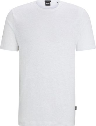 HUGO BOSS Mens Tiburt 456 Linen Crew Neck Short Sleeve T-Shirt, White
