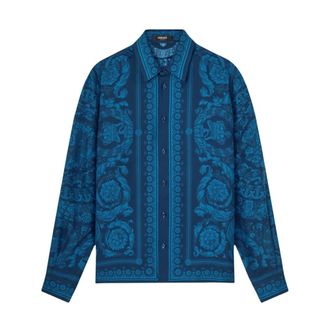 Versace Casual Shirts, male, Blue, Size: 2XL Printed Silk Twill Slim Shirt
