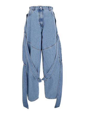 The Attico Blue Jeans With Maxi Drawstring On The Front And Logo Patch On The Rear In Denim Woman