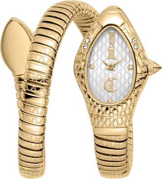 Just Cavalli Womenss Snake Watch, Gold Color Case, Silver Dial, Gold ColorStainless Steel Bracelet