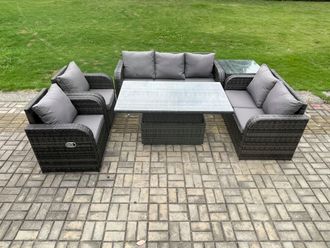 Fimous Wicker PE Rattan Outdoor Garden Furniture Sets Height Adjustable Rising lifting Dining Table Reclining Chair Sofa Set in Dark Grey