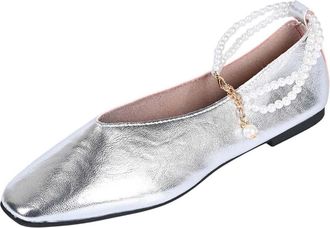 Generic Ladies Flat Shoes Comfortable Pumps Shoes Pearl Chain Solid Color Fashionable Elegant Lightweight Foldable Casual Ballet Flats Party Wedding Silver