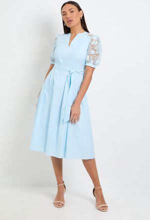 Wallis Womens Petite Cotton Lace Belted Midi Dress - Blue - Size 20 UK
