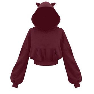 Generic Womens Hoodies Cropped Hooded Sweatshirt Y2K Clothes Cat Ears Lantern Sleeve Cute Hoodie Gothic Style Halloween Costume Pullover Sweatshirts with Fron