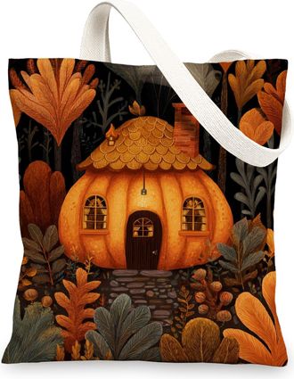 Generic Pumpkin Canvas Tote Bags, Cute Pumpkin Design Reusable Grocery Bags, Lightweight Washable Shoulder Strap Canvas Bags for Tr, Orange, 13x15 Inch