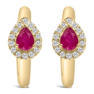 House of Brilliance 10K Yellow Gold Pear Cut Red Ruby 4x3 mm and 1/10 Cttw Round Diamond Huggy Earrings