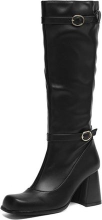 Generic Womens Square Toe PU Leather Platform Boots Pull on Wide-Calf Boots Chunky High Heel Western Cowboy Boot,Black,5.5 UK