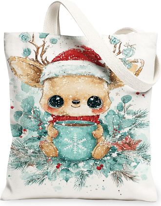 Generic Christmas Cute Animal Canvas Tote Bags, Reindeer Floral Pattern Reusable Grocery Bags, Winter Vintage Lightweight Washable, White, 13x15 Inch