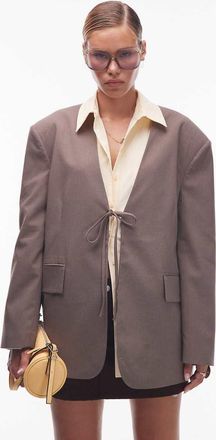 Asos Blazer oversize color mocha gessato senza colletto allacciato davanti-Multicolore