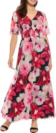 London Times Smocked Maxi Dress in Black/Coral at Nordstrom Rack, Size 12