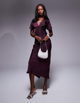 Asos satin ruched front midi dress in berry-Purple