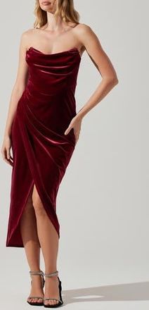 ASTR the Label Meghan Ruched Strapless Velvet Midi Dress in Crimson Re at Nordstrom Rack, Size Medium
