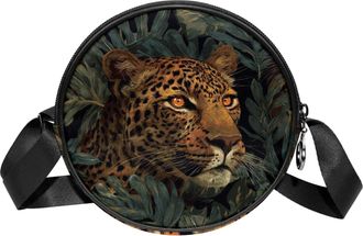 Generic Circle Crossbody Bag for Women, Leopard Spots Leaf Small Sling Bag Daypack with Zipper Adjustable Shoulder Straps Casual Ladies Girls Round Purse