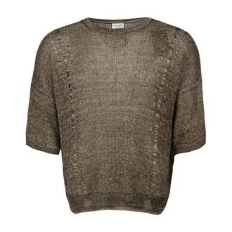 Saint Laurent Geribbelde Gebreide Oversized T-shirt met Ronde Hals - Heren - Ronde hals truien - Bruin - S - Truien & Vesten