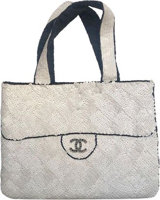 Chanel White Vintage CC Sequin Tote Bag