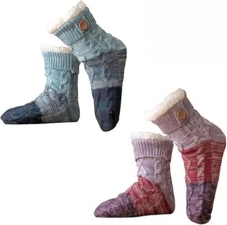 Generic Knitted Ultra-Thick Slipper Home Socks, Tri-Color Knit Patchwork Non-Slip Warm Winter Socks Non-Slip With Fleece Lined (Purple + Blue,One Size)
