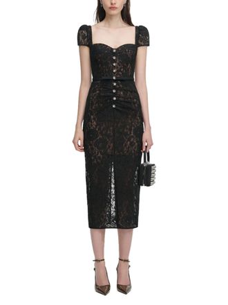 Self Portrait Sweetheart Lace Midi Dress with Puff Sleeves