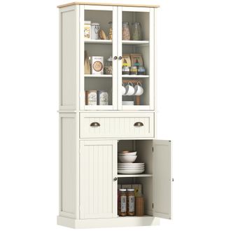 HOMCOM Aparador/mueble De Almacenamiento De Cocina Con 4 Puertas (2 De Cristal Y 1 Caj&oacute;n), 182,5 Cm De Alto, Con Estantes Ajustables - Beige