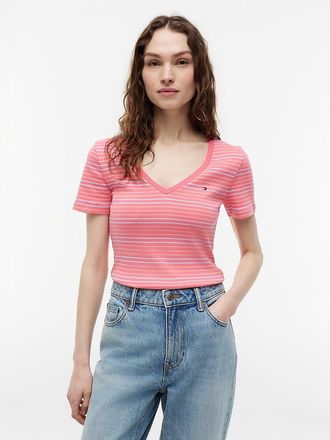 Tommy Hilfiger Womens V-Neck Striped Favorite T-Shirt - Garden Rose / Coral Stripe - XXL