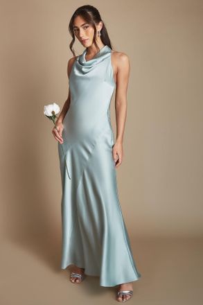 Oasis Womens Sage Cowl Halterneck Satin Maxi Bridesmaid Dress - Green - Size 14 UK