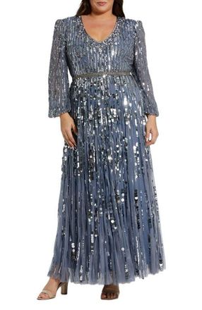Mac Duggal Long Sleeve Beaded Crystal Deep V Neckline Gown in Slate Blue at Nordstrom, Size 16W