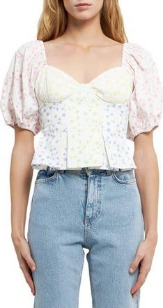 English Factory Floral Patchwork Puff Sleeve Crop Top in White Multi at Nordstrom Rack, Size X-Small
