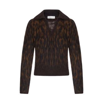 Roberto Collina Jacquard Animalier V-hals Polo - Dames - Truien - Bruin - Maat: S Wol