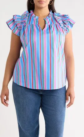 Sugarlips Jaimie Stripes Ruffle Top in Pink-Blue-Green at Nordstrom, Size 1X