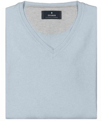 Ragman V-Ausschnitt-Pullover RAGMAN, Herren, Gr. 48, blau (eisblau, 727), 95% Baumwolle 5% Cashmere, V-Ausschnitt, Pullover V-Ausschnitt-Pullover