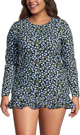 Lands End Crew Neck Long Sleeve Rash Guard UPF 50 Swim Tee in Navy Mini Bloom Floral at Nordstrom, Size 2X