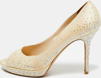 Jimmy Choo London Beige Satin Crystal Embellished Peep Toe Pumps