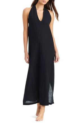 Sanctuary Twist Neck Cotton & Linen Cover-Up Dress in Black at Nordstrom, Size Large