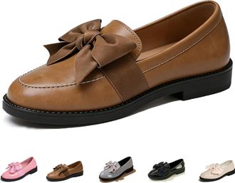 Generic 2026 New Womens Cute Bowknot Design Loafers, Patent Leather Slip On Flat Shoes with Low Square Heel for Women (Brown,2.5)