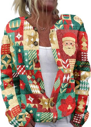 Generic Christmas Sweaters for Women Funny Xmas Tree Print Button Up Fall Winter Vintage Outerwear Coat (UK, Alpha, L, Regular, Regular, 1)