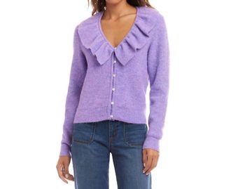 Karen Kane Ruffle Neckline Cardigan Sweater In Lavender