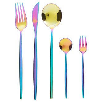 Beliani Cuberter&iacute;a Moderna Conjunto 30 Cubiertos Para 6 Personas Cuchillo Tenedor Cuchara Cucharilla Tenedor Para Postre Acero Inoxidable Multicolor Rigatoni