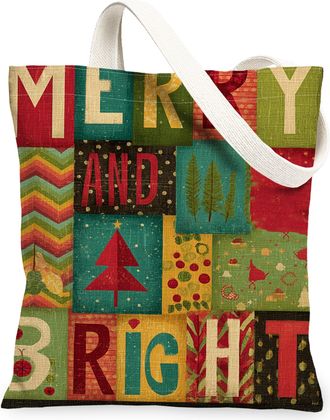 Generic Merry Bright Canvas Tote Bags, Holiday Patchwork Design Reusable Bags, Vintage Lightweight Washable Shoulder Strap Canvas F, Multicolor, 13x15 Inch