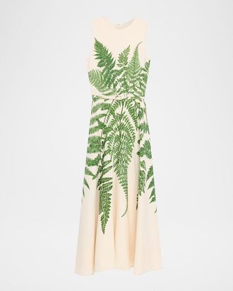 Oscar De La Renta Fern-Print Double-Face Wool Sleeveless Midi Day Dress With Belt