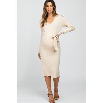 Pinkblush Tie Front Sweater Midi Dress in Beige at Nordstrom, Size Large