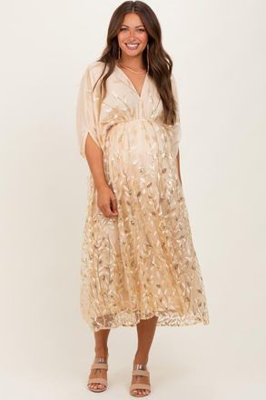 Pinkblush Embroidered Tulle Dolman V-Neck Midi Dress in Gold at Nordstrom, Size Small