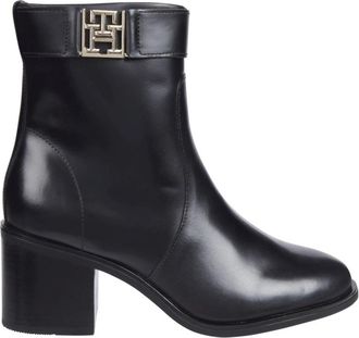 Tommy Hilfiger Zwarte- elegante enkellaarsjes met hak - Dames - Laarzen met Hak - Zwart - 38 EU - Leer - Schoenen